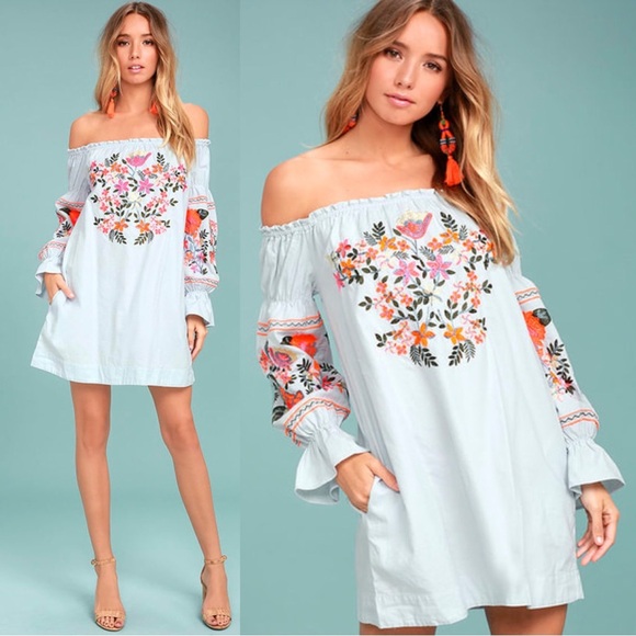 Free People Dresses & Skirts - Free People Fleur Du Jour Light Blue Embroidered Dress